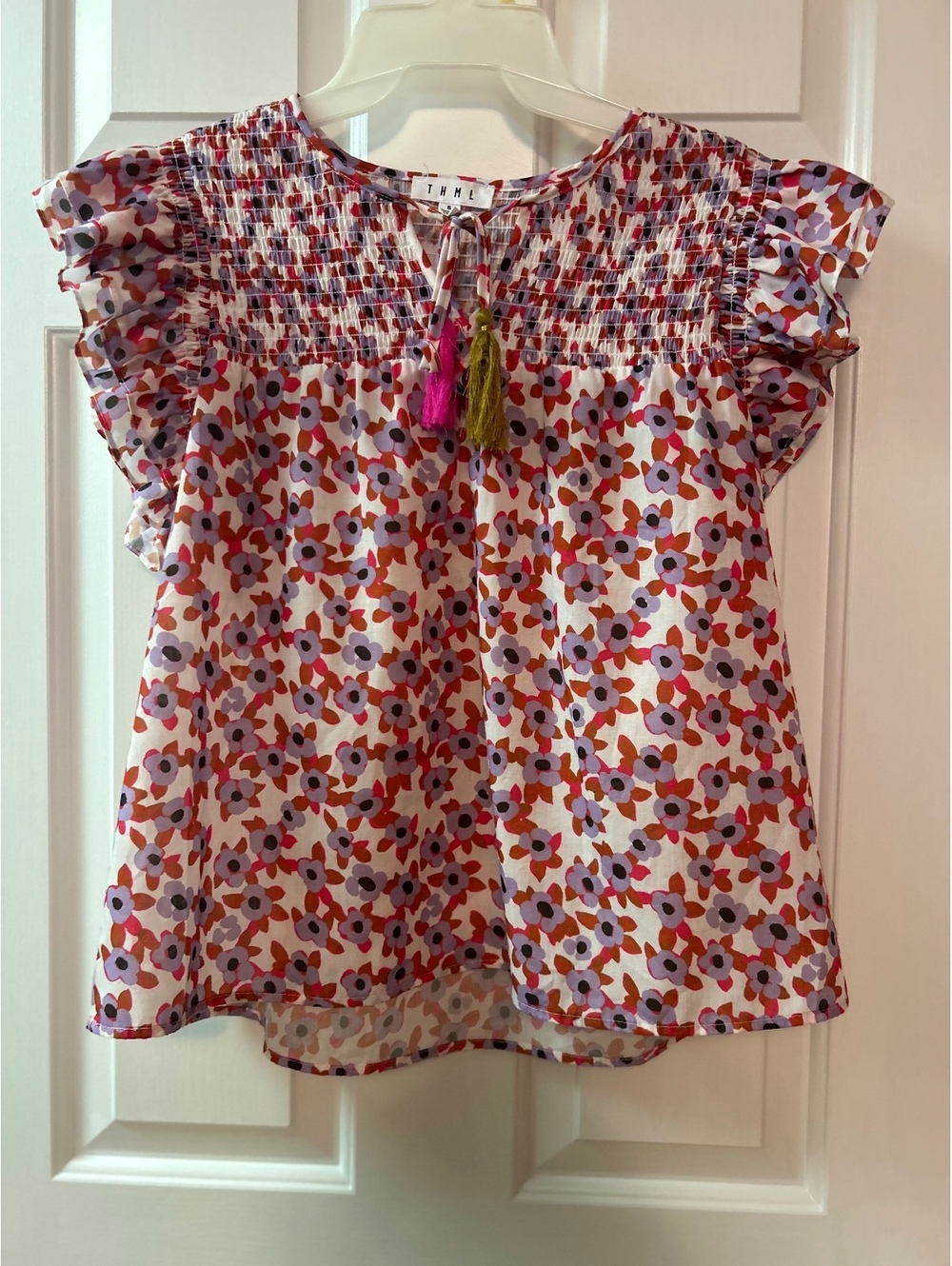 THML Women's Smocked Floral Print Blouse with Tassel Tie, Size Small